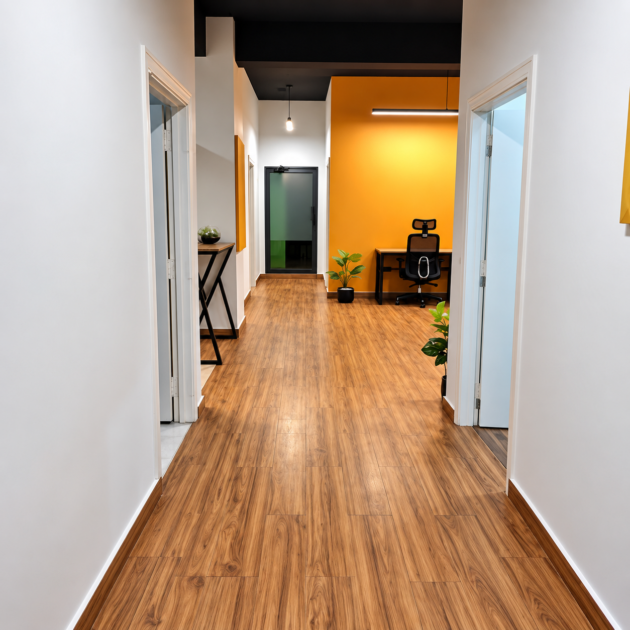 Clean corridor leading to private offices and dedicated rooms