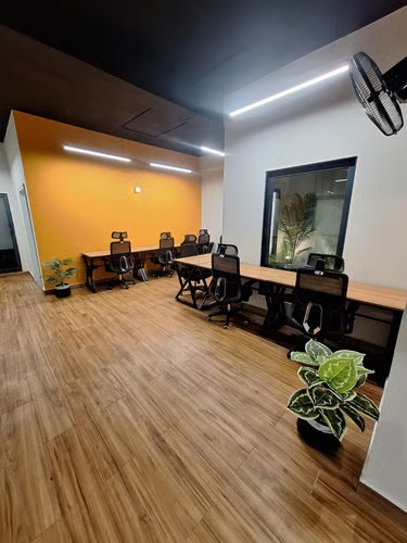 Shared hot desks in a coworking workspace