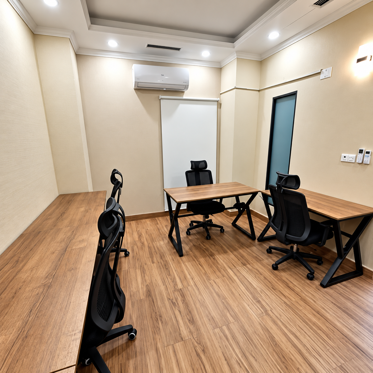 Collaborative team room with workspace seating